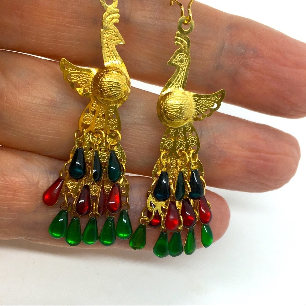 Gold Tone Peacock Dangle Earrings